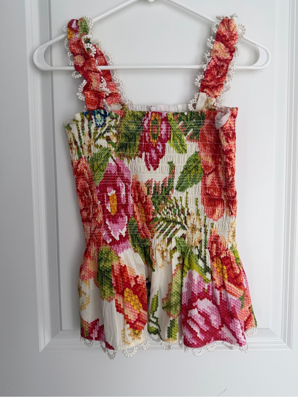 FARM RIO Floral Smocked Tank Top with Lace Trim